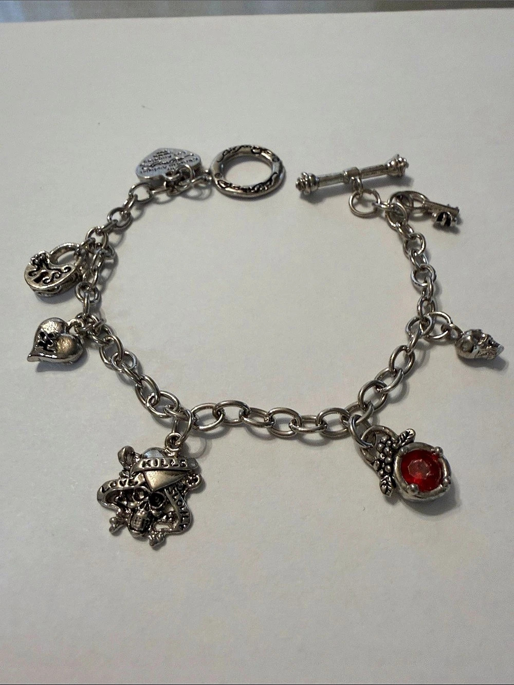 Ed Hardy Charm Bracelet in Silver & Red